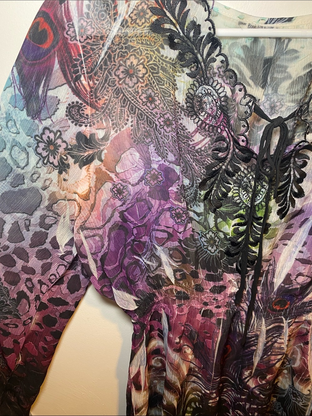 Sheer Multi-Color Print Tie-Front Women’s Blouse - Picture 4 of 6